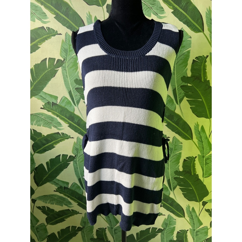 Vintage Cotton Striped Knit Vest Women Medium Blue White Excellent